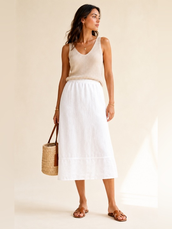 Kim Rogers Dresses & Skirts - Kim Rogers White Linen Midi Skirt Elastic Waist Quiet Luxury Sz Large Petite
